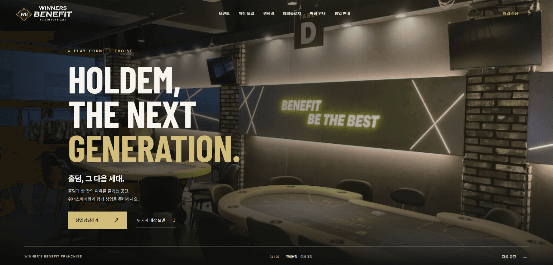 WINNERS BENEFIT homepage with hold’em tables, venue photography, and franchise information