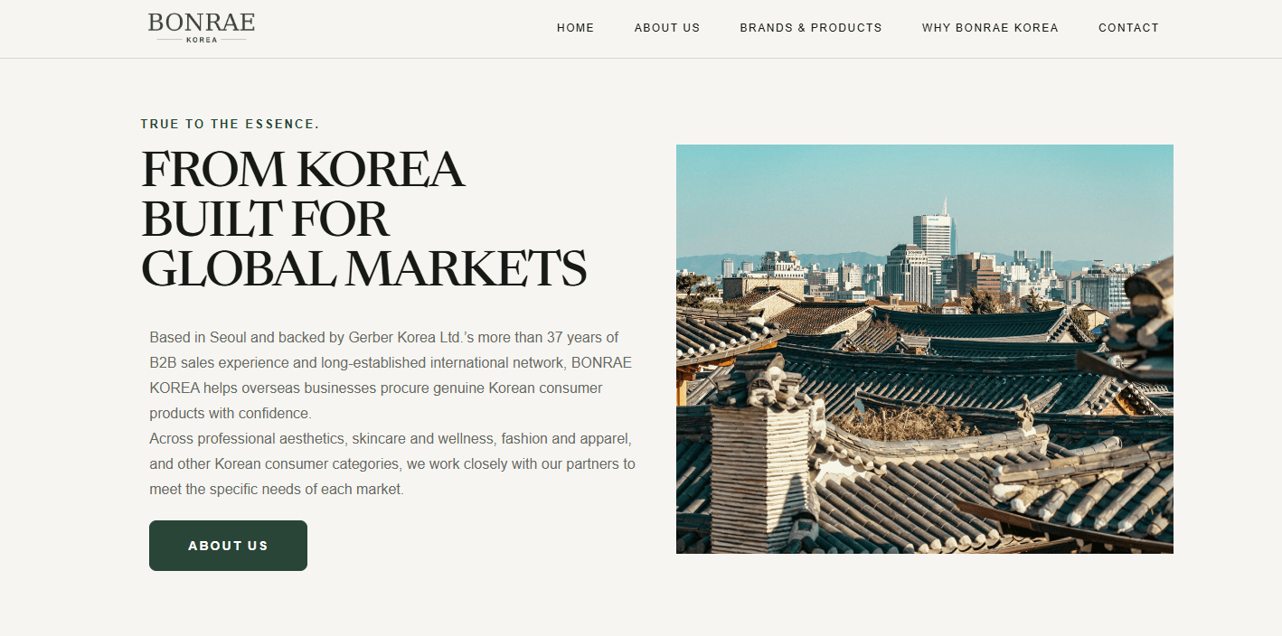 BONRAE KOREA homepage with Seoul rooftops and global market introduction