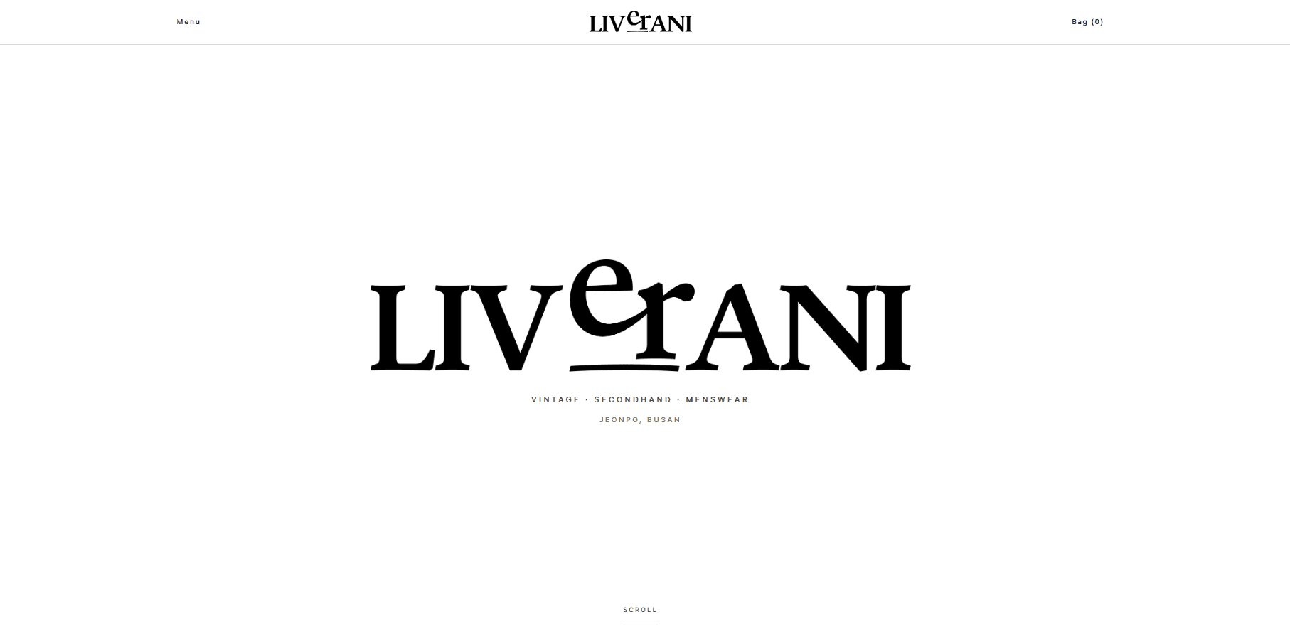Liverani vintage menswear storefront with a black wordmark on a white canvas